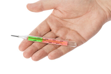 Hand with medical thermometer 37,8