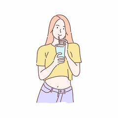 Woman drinking water from plastic tumbler. Hand drawn character flat style vector.