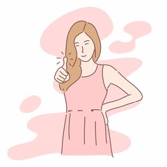 Happy woman showing gesture with thumb ups. Hand drawn character style vector.