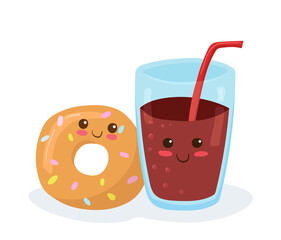 Cute glass of soda with a tasty donut vector illustration. Kawaii sweets. Cartoon style design for postcards or print, candy or coffee shop. Funny kawaii food characters isolated on white. Lemonade.