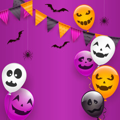 Naklejka premium Scary Balloons and Spiders on Purple Halloween Background