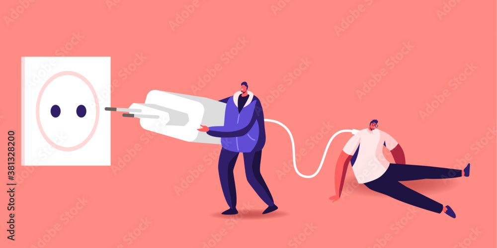 Poster tiny character put huge plug into socket to recharge tired and exhausted business man sitting with l