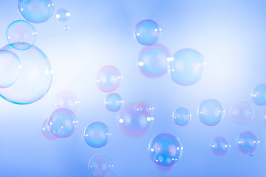 Colorful soap bubbles float natural background.