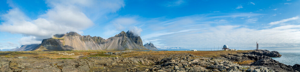 Vesturhorn Mountain and black sand dunes, Iceland.