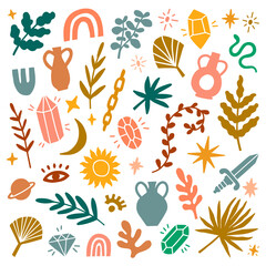 Set of hand drawn design elements. Exotic jungle leaves, gems and various objects. Abstract contemporary modern vector illustration. Perfect for greeting cards, instagram posts, stickers.