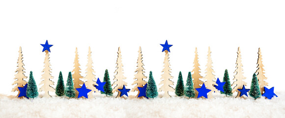 Fototapeta na wymiar Banner With Many Christmas Tree. Blue Christmas Star Decoration And Ornament With Snow. White Isolated Background