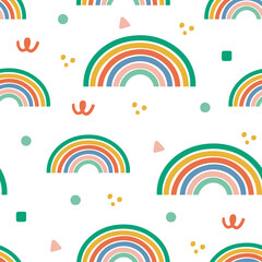 Fototapeta na wymiar Scandinavian style rainbow seamless pattern with geometric shapes. Cute abstract rainbows in nordic colors on white background.