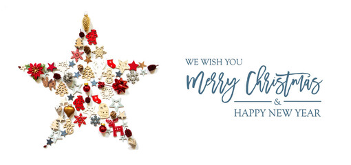 Christmas Star Build Of Colorful Vairous Christmas Decoration And Ornaments. English Text Merry Christmas And A Happy New Year. White Isolated Background