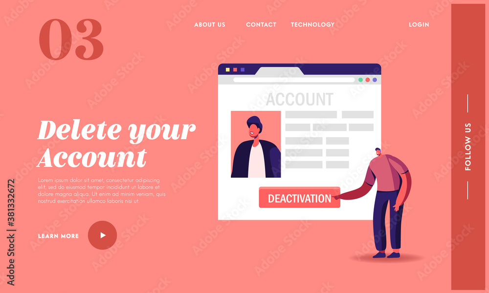 Poster deleting online information internet landing page template male character push deactivation button d