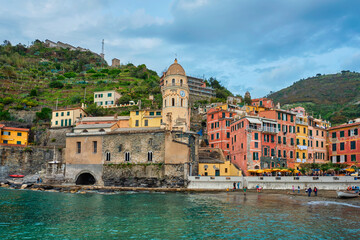 Vernazza village popular tourist destination in Cinque Terre National Park a UNESCO World Heritage Site, Liguria, Italy on sunset view from south
