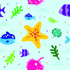 Fototapeta na wymiar seamless pattern cute cartoon animals underwater withlight blue background