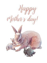 Happy Mother day card with rabbit family. Watercolor illustration. Baby bunnies and mom. Animals isolated on white background