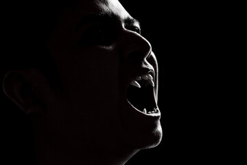 Scary vampire man on dark background - obrazy, fototapety, plakaty