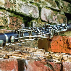 Fragment of an old and dirty magic clarinet on a background of a beautiful old broken brick wall as...