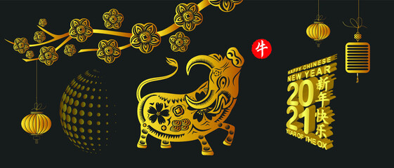Oriental Happy Chinese New Year 2021. Year of the Ox (Chinese translation Happy chinese new year 2021, year of ox)