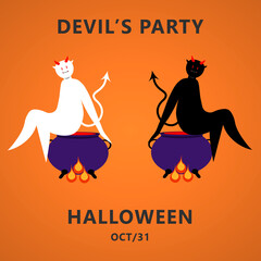 Halloween party invitation or greeting card with devils sitting on boilers. Flat design in vector illustration. EPS 10 - obrazy, fototapety, plakaty