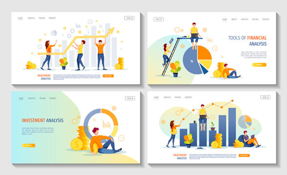 Set of web pages with diagrams, coins and working people. Profit, income, making money, financial success, business, investment analysis concept. Vector illustration for banner, poster, website.