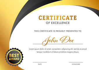 Editable Certificate of Excellence Template Layout in Golden and White Color.