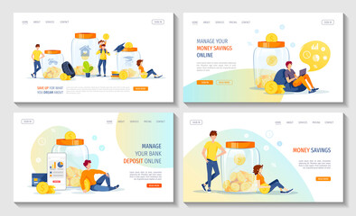 Obraz na płótnie Canvas Large money jar banks with coins inside and people. Money saving or accumulating, Financial services, Deposit, Internet banking concept. Set of web pages, banners. Vector illustration.