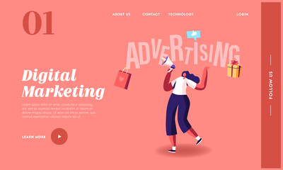 Woman Shouting to Megaphone Landing Page Template. Female Character Advertising. Online Public Relations and Affairs