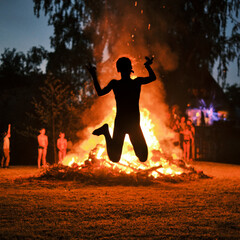 The silhouette of a woman jumping in front of a bonfire during the midsummer’s bonfire in Estonia.