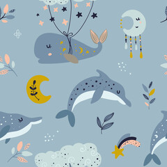 Seamless pattern with celestial whale and dolphins.