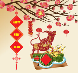 Chinese new year Ox 2021 background blooming sakura branches, Vietnamese new year