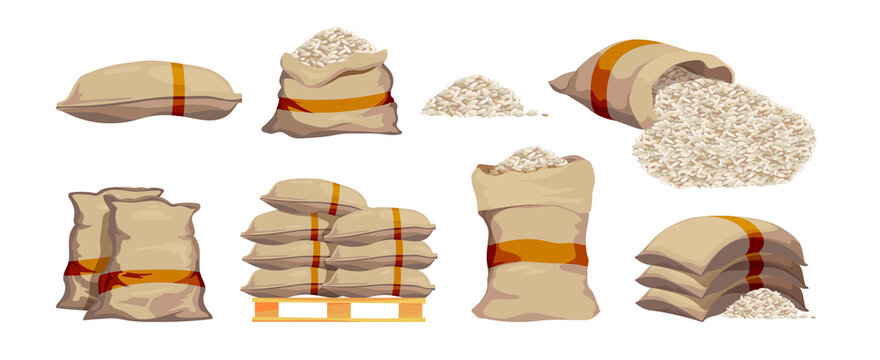 Rice bags. Pile with sackful textile objects grain agricultural collection vector sacks in cartoon style. Rice bag, pile grain agriculture illustration