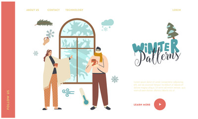 Christmas Holidays Landing Page Template. Characters in Warm Clothes Enjoying Winter Window View and Hot Drinks at Home