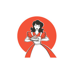 beauty retro pinup cartoon girl holding a delicious tasty cake, for your logo, label, emblem