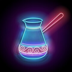 Glow Decorated Cezve. Coffee House Label, Traditional Drink. Neon Poster, Flyer, Banner, Invitation. Glossy Background. Vector 3d Illustration