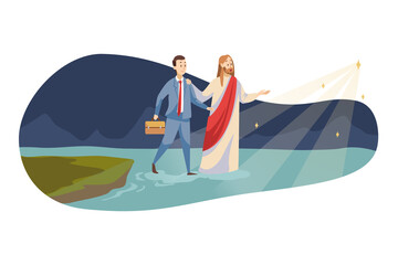 Religion, christianity, business, support, success concept. Jesus Christ son of God messiah leading young happy businessman walking on water to shining star. Heaven blessing help and goal achievement.