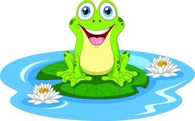 Cartoon frog on a leaf in the pond