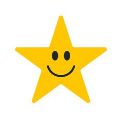 Smiling star face vector icon symbol. Yellow smile button sign. Simple flat shape happy emotion logo. Isolated on white background.