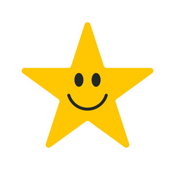 Smiling star face vector icon symbol. Yellow smile button sign. Simple flat shape happy emotion logo. Isolated on white background.