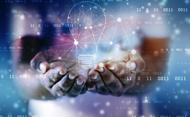 Fototapeta premium bulb future technology, innovation background, creative idea concept, Man holding bulb in technology background