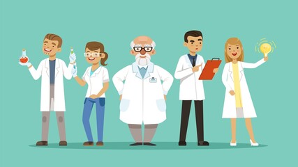 Laboratory team. Team of scientists or doctors, researchers. Cartoon hospital personal, virologists vector illustration. Research team laboratory woman and man, analysis pharmaceutical