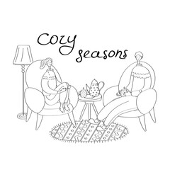 Hygge mood. Young couple enjoying comfort of home. Husband and wife spend time at home. Linear vector illustration for card, poster, sticker, seasonal designs