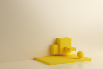 Abstract scene with cubic pedestals and a sphere. Modern yellow background with podiums for promotion, presentation,branding. 3D rendering