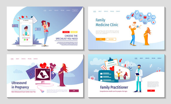 Set Of Web Pages For Family Doctor, Medical Consultation, Tele Medicine, Sonogram And Pregnancy Medicine Clinic And Health Care Concept. Vector Illustration For Poster, Banner, Website. 