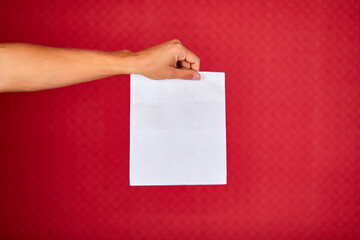 Closeup courier hand holding grocery paper bag, delivery service, studio shot isolated on red background, copy space..