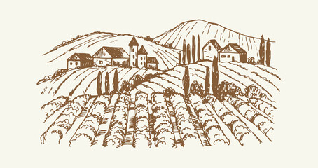 Sketch village landscape. Vintage vineyard farm, hand drawn agricultural plantation with rustic houses. Cute cozy suburb vector illustration. Plantation suburb, agricultural landscape