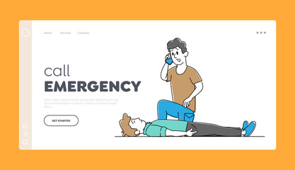 Cardiopulmonary Resuscitation Medical Care Landing Page Template. Male Character Emergency Call to Ambulance, First Aid