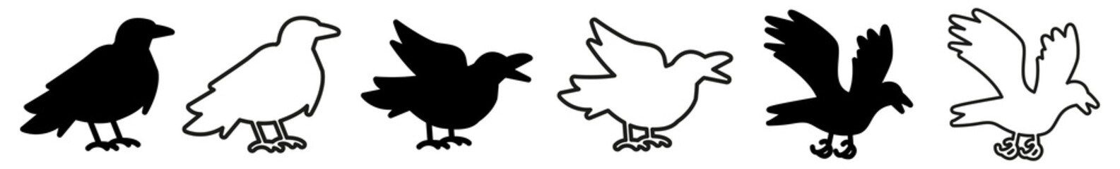 Crow Icon Black | Bird Illustration | Dark Raven Symbol | Halloween Logo | Flight Sign | Isolated | Variations