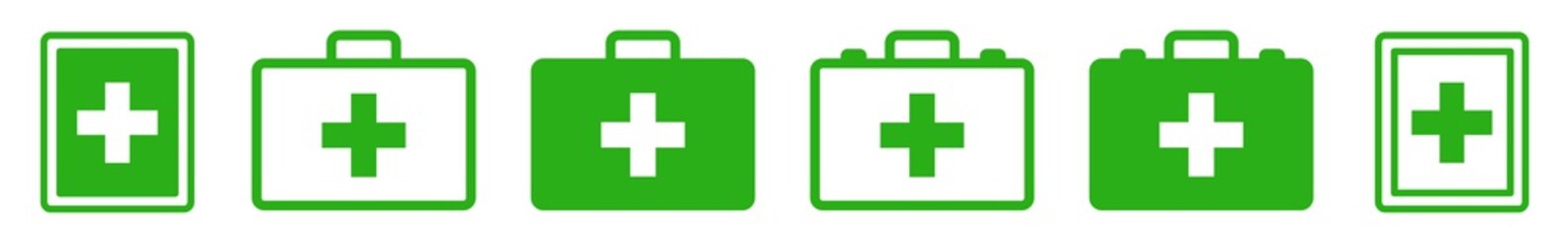 Fototapeta premium First Aid Kit Icon Green | Emergency Box Illustration | Medical Help Symbol | Paramedic Bag Logo | Cross Sign | Isolated | Variations