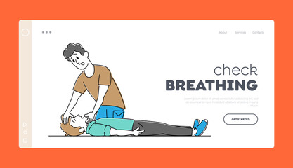 Medical Cardiopulmonary Resuscitation Landing Page Template. First Aid to Victim Lying on Floor. Man Lift Patient Chin