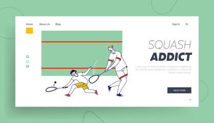 Adult and Child Characters Playing Squash Landing Page Template. Father and Son or Coach and Student Sports Training