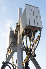 Telecommunication tower, radio tower or mobile phone base station. Development of communication...