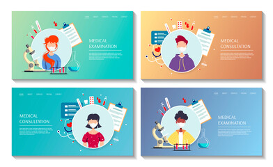 Fototapeta na wymiar Set of web pages with patients and medical items. Medical consultation, Diagnosis, Online doctor, Diagnosis, Analysis, Medicine clinic and health care concept. Vector illustration for poster, banner.