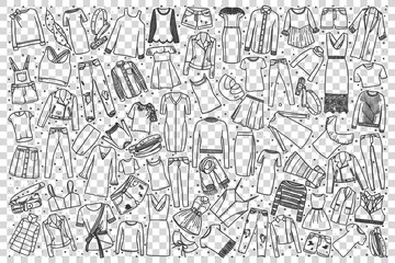 Womens clothing doodle set. Collection of hand drawn sketches templates patterns woman clothing trousers dresses shirts coats on transparent background. Female fashionable casual outfit and shopping.